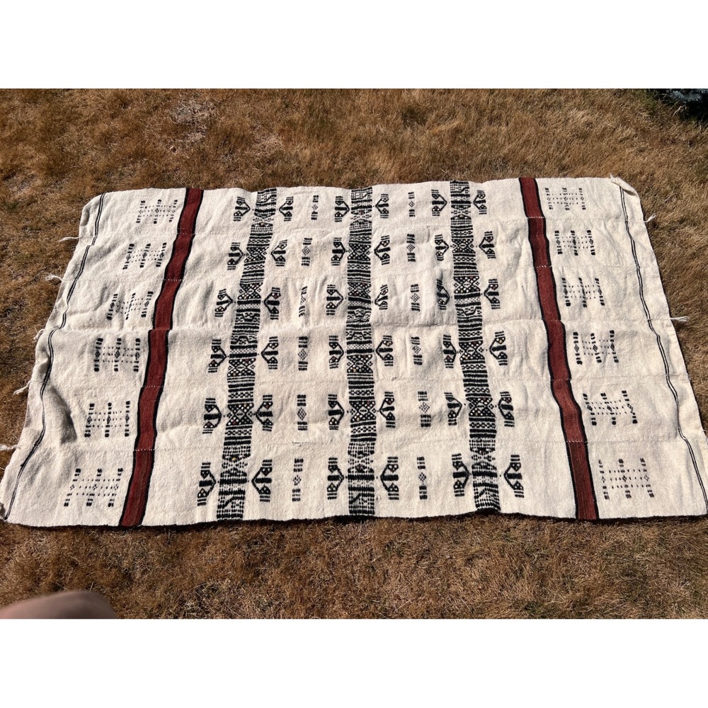 Vintage African Fulani Blanket Handmade Wool Cream Black Rust Geometric 51 x 81" - Picture 2 of 13
